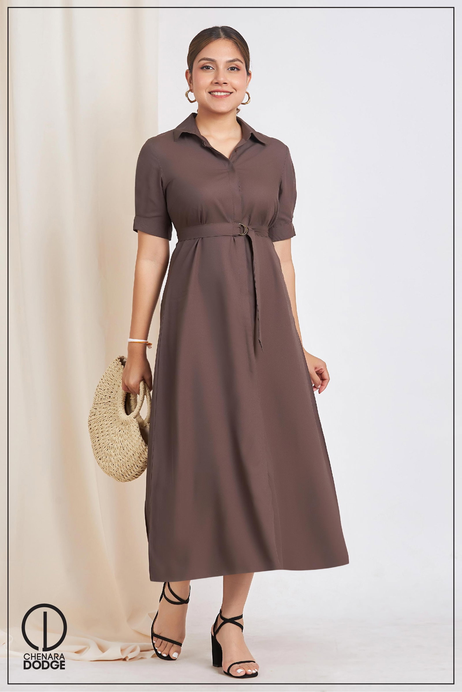 Faith Long Sleeve Collared Gold Button Embellished Knitted Midi Dress